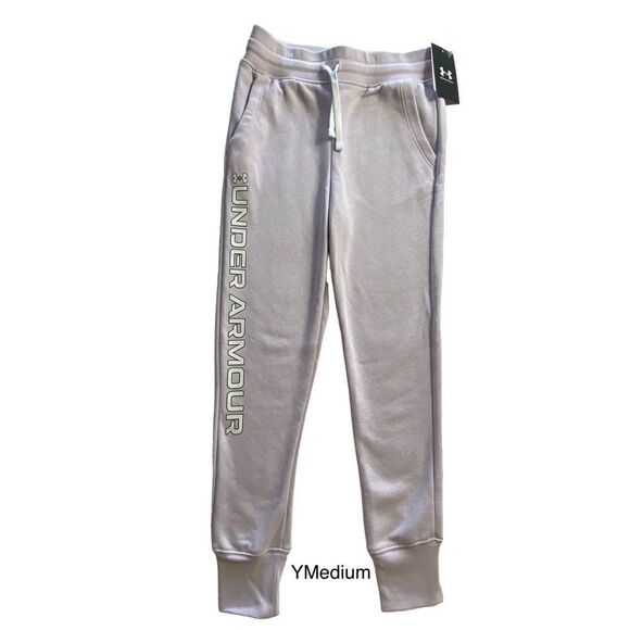 UNDER ARMOUR GIRLS YMED Armour Rival Fleece Joggers - Cool Pink and white Trim - Picture 1 of 8